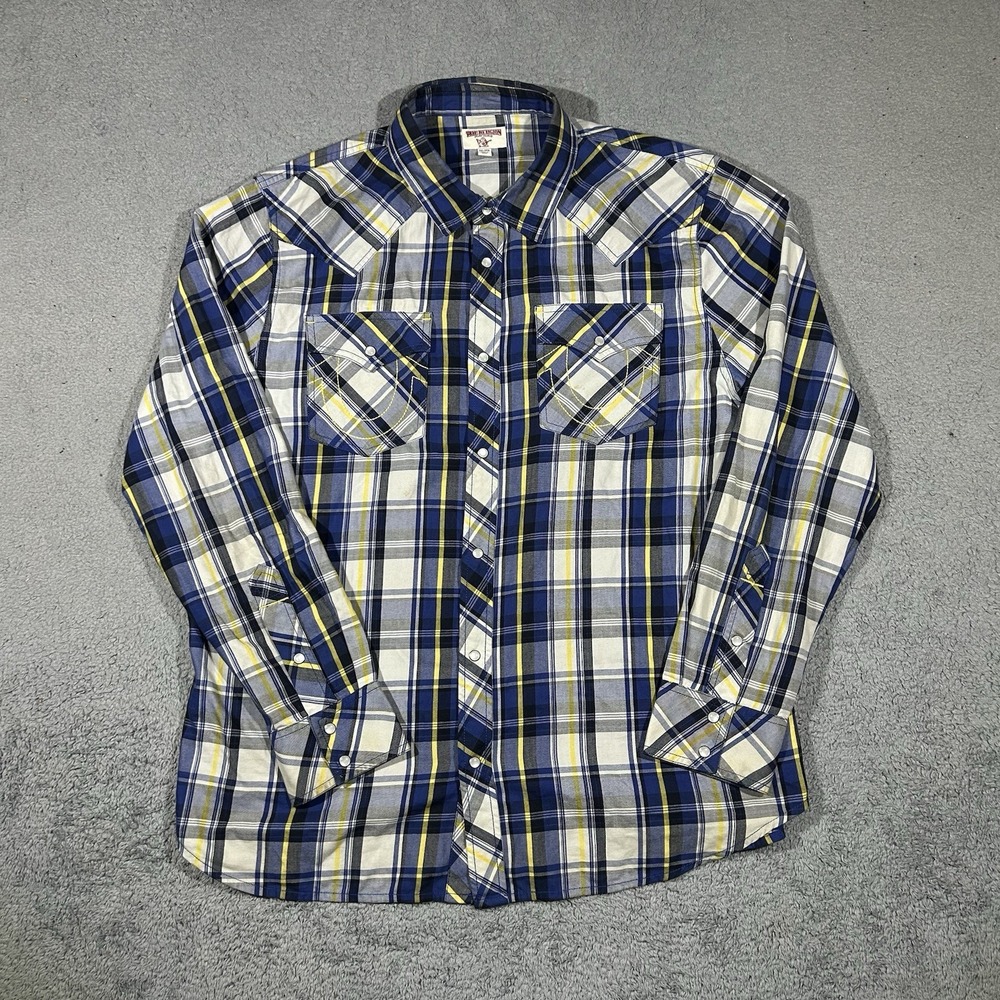 True Religion Yellow & blue plaid cotton button-up shirt Men's 2XL #610